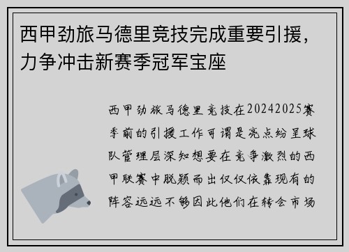 西甲劲旅马德里竞技完成重要引援，力争冲击新赛季冠军宝座